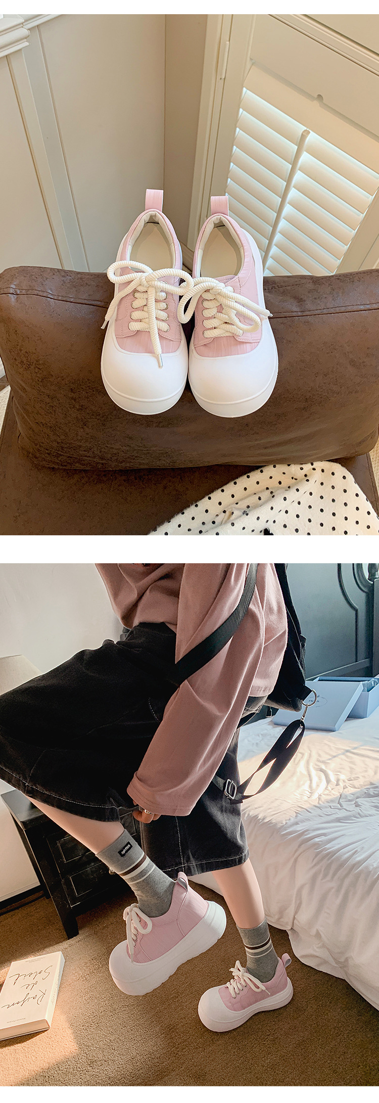 Giày sneaker nữ đế dày chunky mũi to phong cách bánh mì dây buộc tăng chiều cao — màu đen, màu hồng, màu trắng chi tiết 11