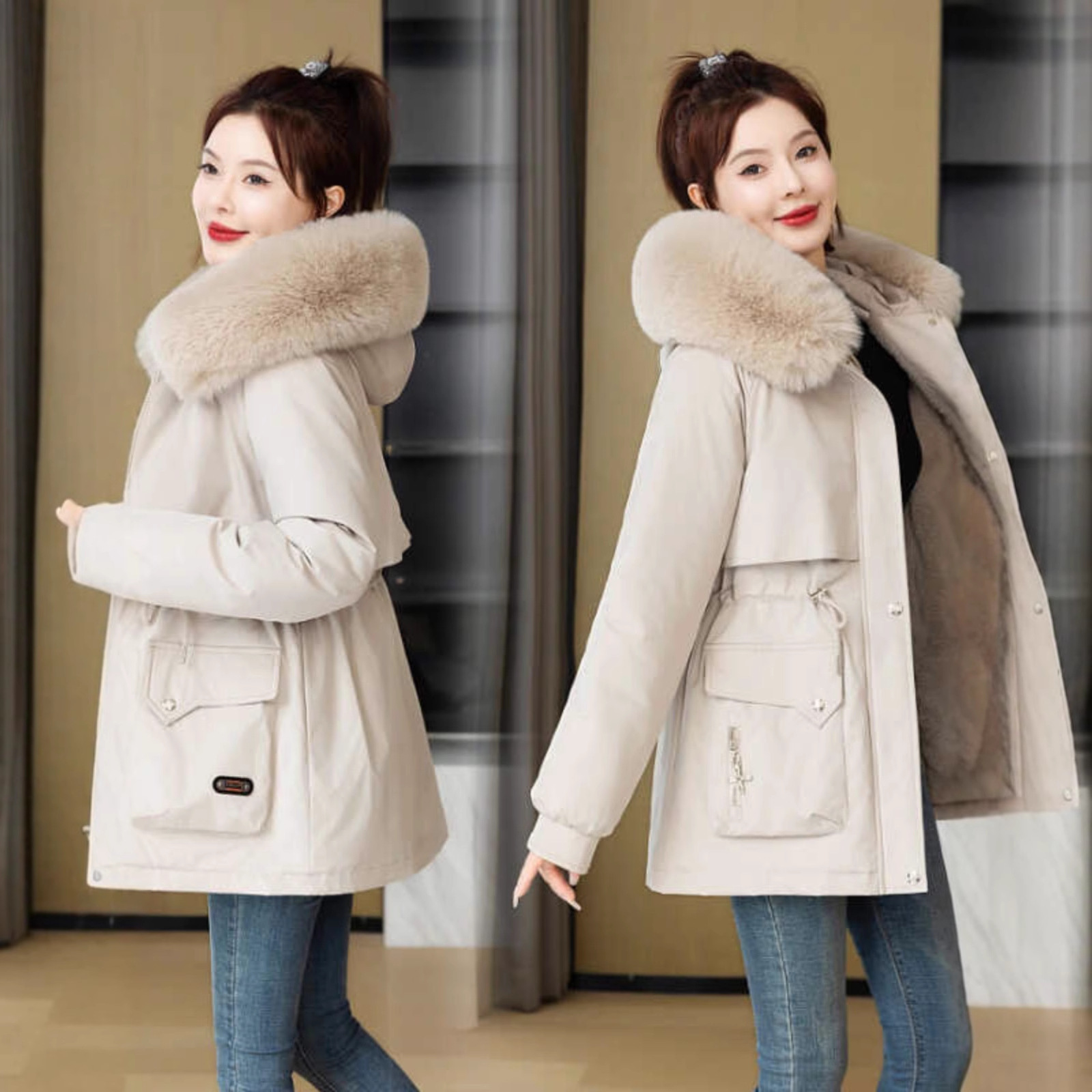 保暖中长款派克服加绒加厚棉服韩版棉衣中老年女装外套妈妈装棉袄