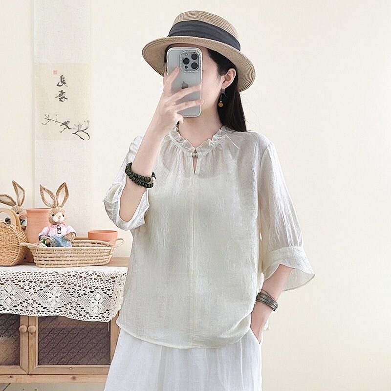 Fashion 2026 Summer New Style Artistic Loose Lace Three-Quarter Sleeve Shirt Top Plus Size Cover-Up Shirt for Women Fashion 2026 Summer New Style Artistic Loose Lace Three-Quarter Sleeve Shirt Top Plus Size Cover-Up Shirt for Women