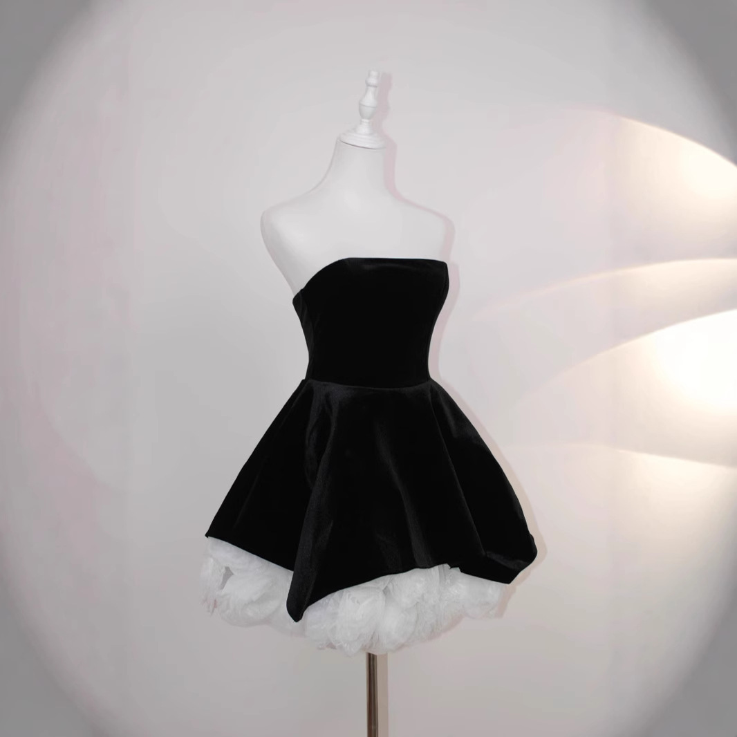 French Black Tube Top Flower Velvet Evening Dress for Women, High-End Accessible Luxury Banquet Dress, Elegant Dress