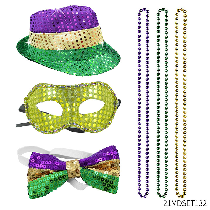 Accesorios para el Cabello de Carnaval de Mardi Gras, Máscara Tricolor, Corbata de Moño, Cadena de Cuentas Electrochapadas, Conjunto para Fiesta de Carnaval