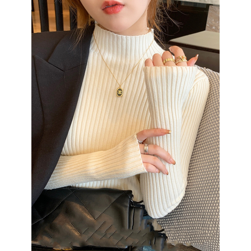 半高领竖条纹毛衣打底衫女春秋长袖上衣感气质内搭针织衫