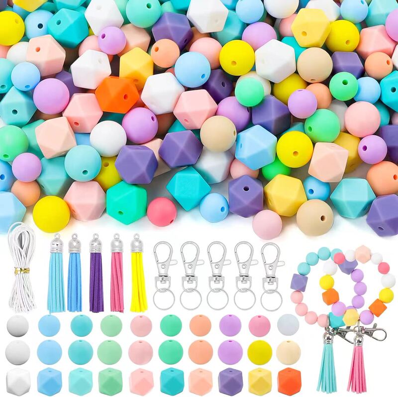 121 pieces of silicone beads suit round beads hexagonal loose beads DIY key chain bracelet necklace beads 121 pieces of silicone beads suit round beads hexagonal loose beads DIY key chain bracelet necklace beads