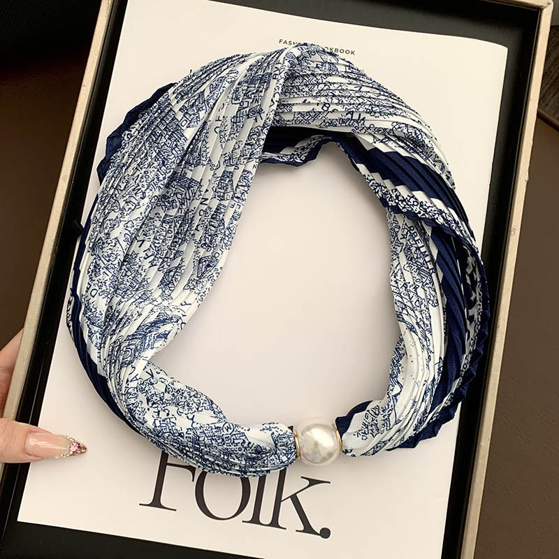 Hebilla de succión magnética collar de perlas bufanda de seda larga y estrecha bufanda de cuello femenino con camisa bufanda fina bufanda de seda plisada bufanda