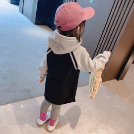 女童卫衣中长款秋装新款韩版洋气女宝宝卫衣裙网红撞色连帽卫衣棉