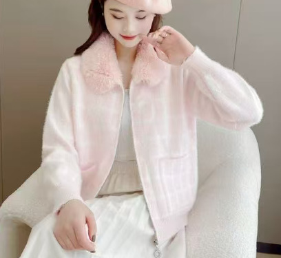 秋冬时尚撞色条纹棒球领拉链开衫毛衣女时尚通勤长袖针织衫外套|undefined