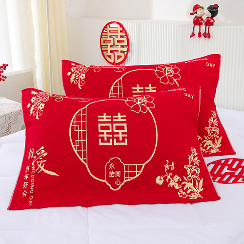 Three-layer gauze wedding pillow cover for home couple pillow cover wedding return gift festive pillow cover with big red word 