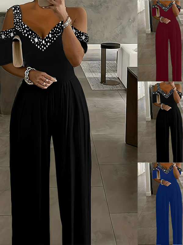 Women Wide-Leg Jumpsuit Black Summer Stylish One-Piece Dress