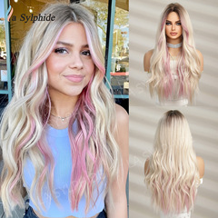 Amazon TikTok New Product: European and American High-Temperature Silk-Fiber Mid-Parting Synthetic Gradient Golden with Pink Highlights, Long Curly Hair