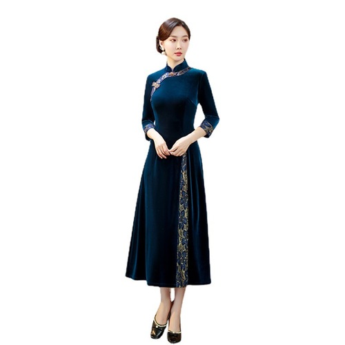 Wine blue aodai Velvet long Mr Black 7 minutes of sleeve Chinese dress vogue Chinese dresses qipao retro cheongsam old lady Mr Black robe