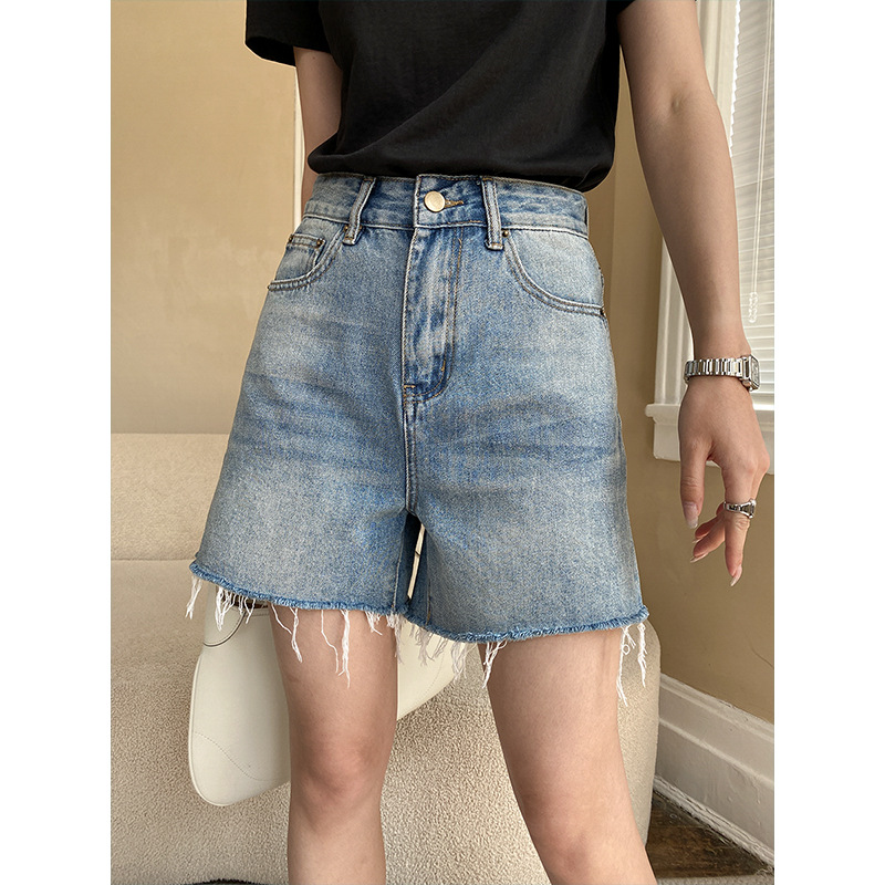 司南经典三分出街复古单宁色水洗简约直筒牛仔短裤