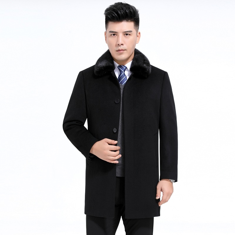 Authentic men's wool overcoat, mid-length, with mink fur collar and rabbit fur lining, perfect for winter.