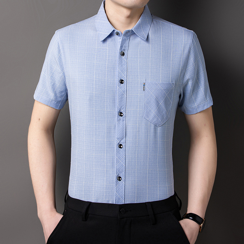 Cotton Linen Short-sleeved Shirt Men's Summer New Real Pocket Sweat Absorbing Breathable Plaid Men's Short-sleeved Shirt Dad's Clothes