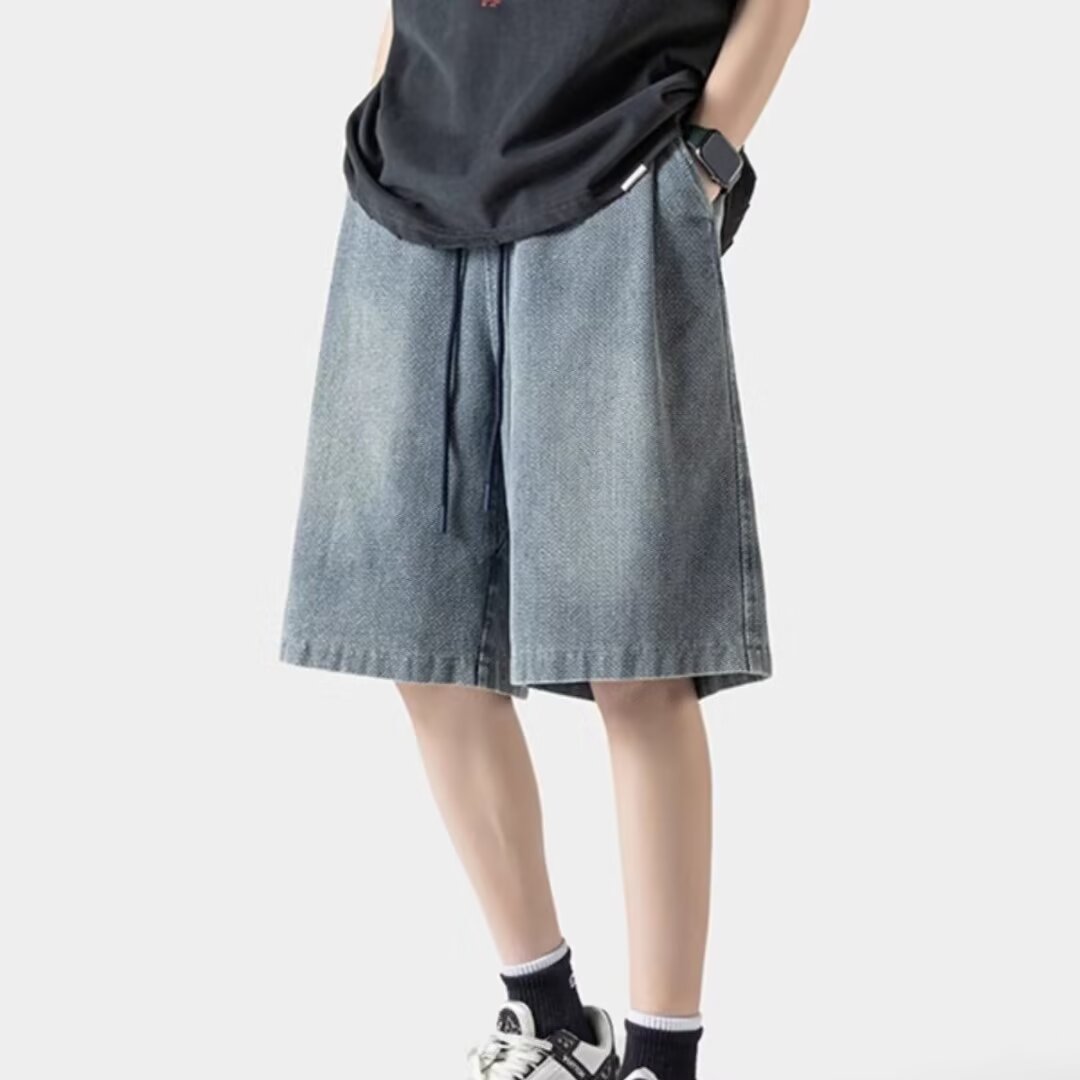 Pantalones cortos de mezclilla de cinco puntos de estilo fino de verano para hombres, pantalones de marca de moda casuales delgados, pantalones de 5 puntos para hombres