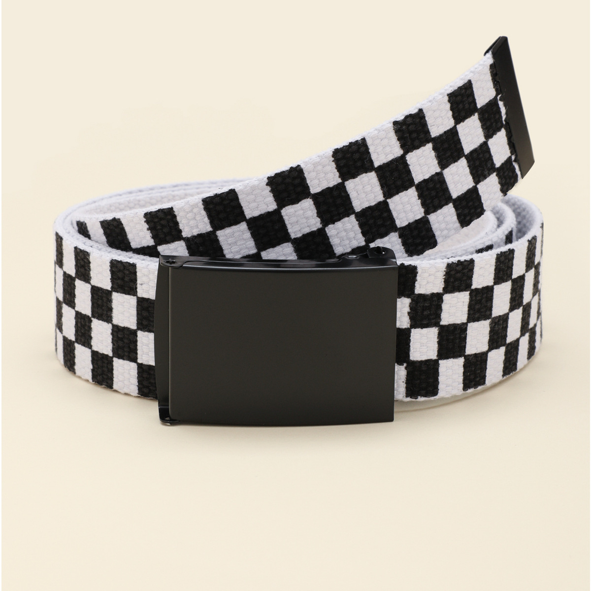 Neuer Gürtel, schwarz-weiß karierter Canvas-Gürtel, Unisex-Gürtel mit großer Schnalle, College-Stil, kleiner und frischer Gürtel_voghion.com