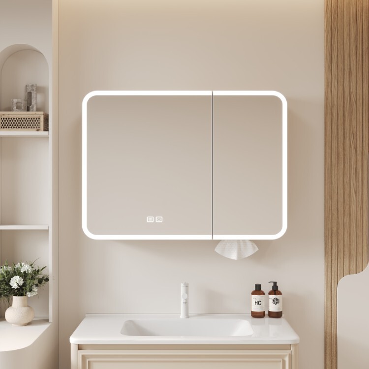 Space Aluminum New Curved Bathroom Mirror Cabinet, Wall-Mounted Smart Mirror with Light and Integrated Storage Box for Separate Bathrooms