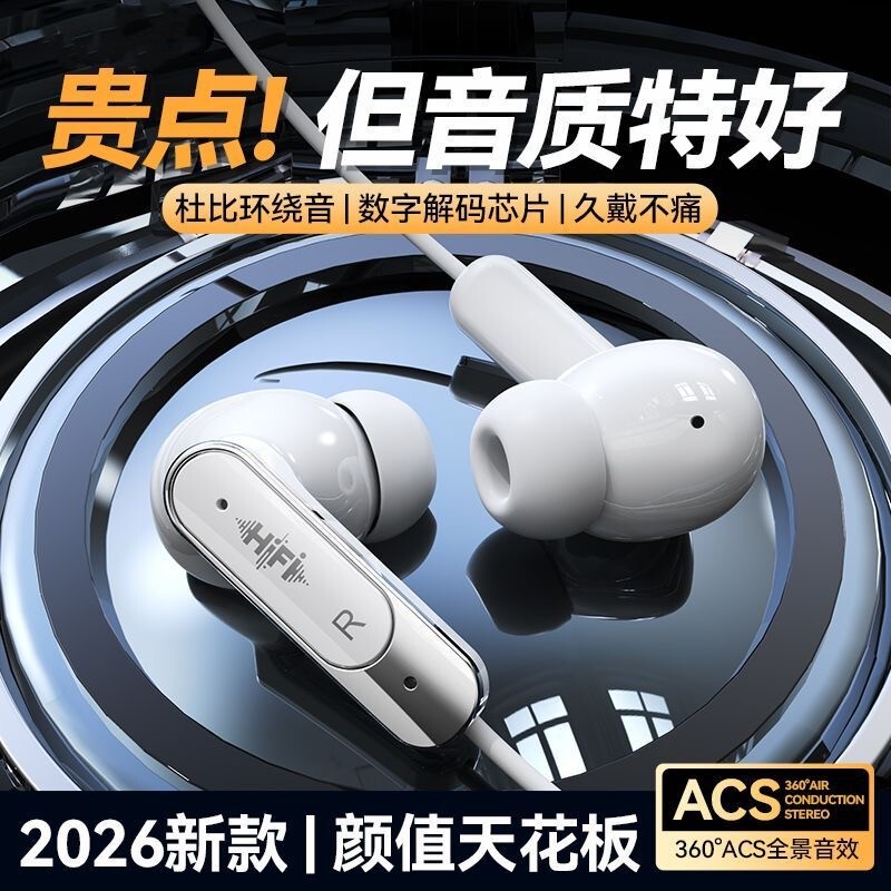 Digital Decoding Wired Earphones with Noise Reduction, Microphone, High-Quality Sound, Type-C, for Sleep, Music, Sports, and Mobile Phones