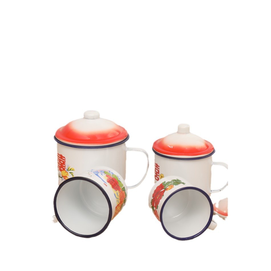 Taza de esmalte nostálgica Taza de té de hierro de gran capacidad clásica antigua de doble felicidad de gran capacidad con tapa Taza de agua retro