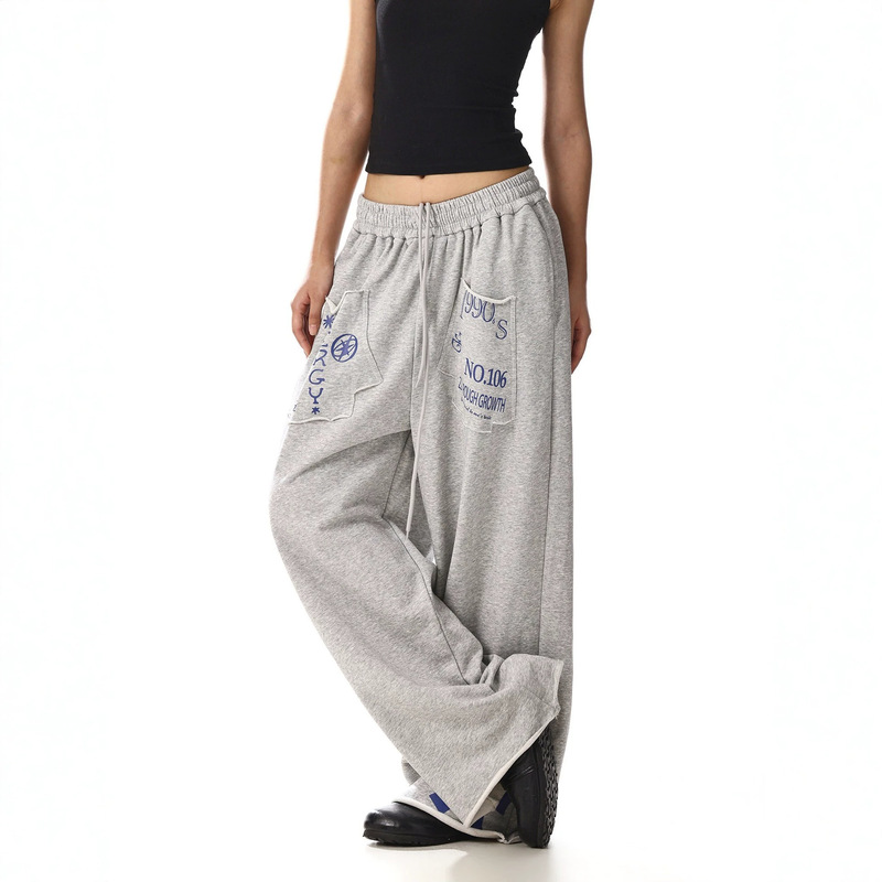 American retro style sweatpants with pocket letter print for women, niche, casual, loose-fitting, street dance wide-leg straight casual pants American retro style sweatpants with pocket letter print for women, niche, casual, loose-fitting, street dance wide-leg straight casual pants