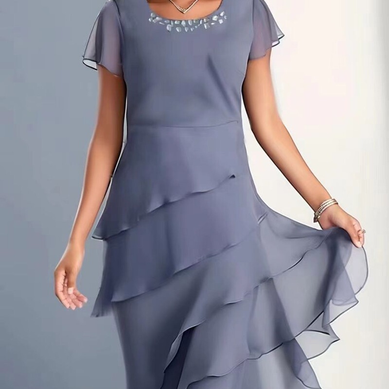 Cross-border independent station New 2023 summer dress stitching chiffon crew neck short sleeve dress Cross-border independent station New 2023 summer dress stitching chiffon crew neck short sleeve dress