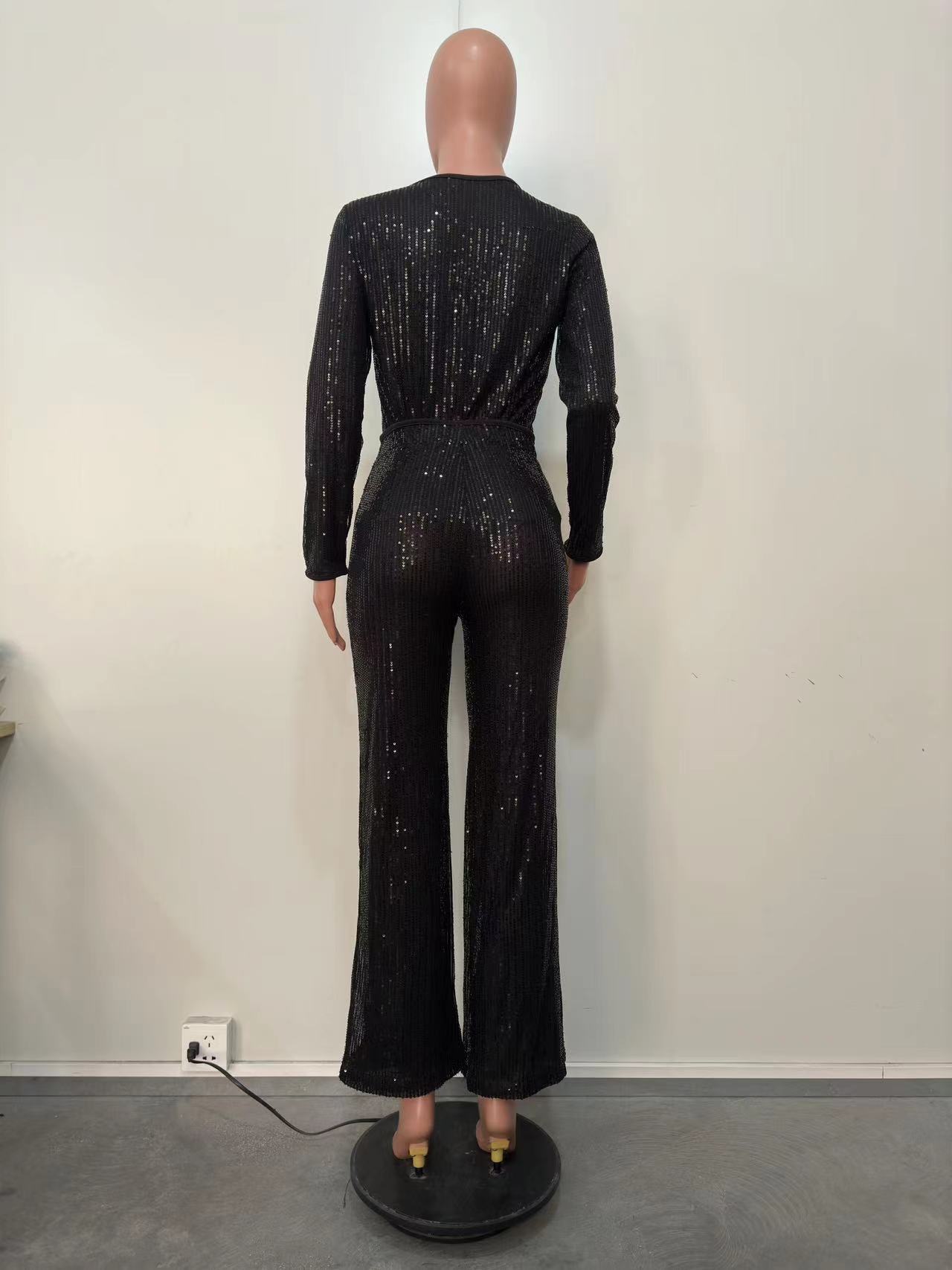 Women's Clothing new sequined solid color long sleeved trousers two piece set_voghion.com
