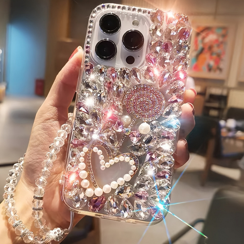 Luxury Fashion Crystal Pink Wave Board Sugar Beads Heart Anti-Fall Phone Case, Suitable for Iphone16 17 Luxury Fashion Crystal Pink Wave Board Sugar Beads Heart Anti-Fall Phone Case, Suitable for Iphone16 17