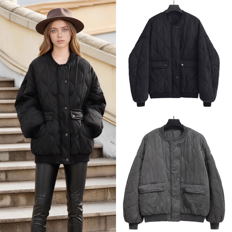 Za Export Cross-Border Spot Wholesale European and American Style Women's Winter Popular Fashion Tencel Fabric Quilted Cotton Clothing