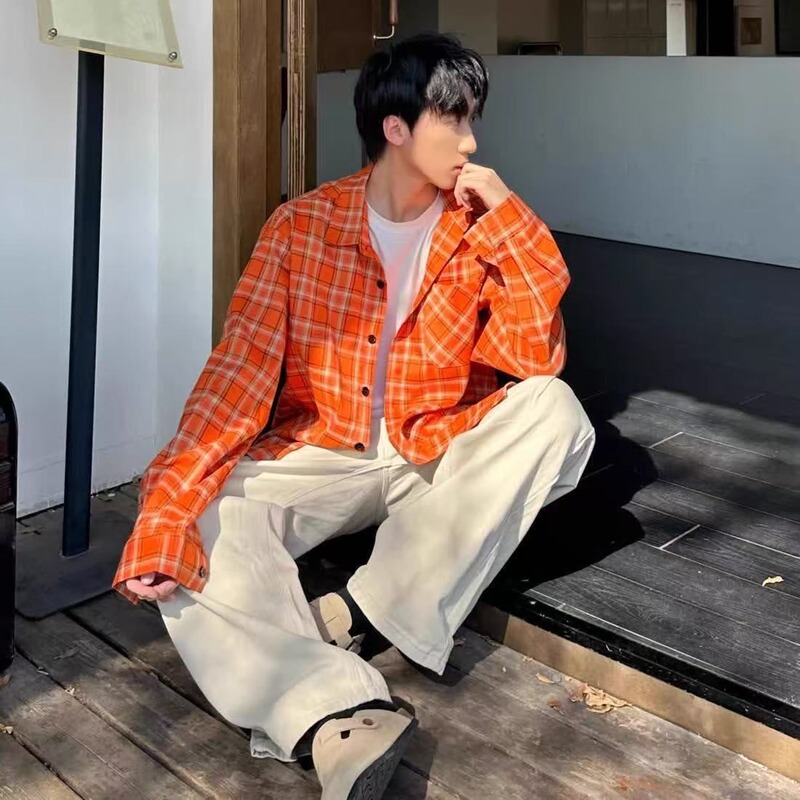 American Retro Orange Plaid Long-Sleeved Shirts for Men and Women, Loose and Versatile Casual High Street Spring & Fall New Couple Shirts American Retro Orange Plaid Long-Sleeved Shirts for Men and Women, Loose and Versatile Casual High Street Spring & Fall New Couple Shirts