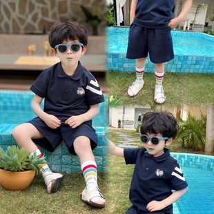 SY51113 MC25 Spring and Summer New Deep Blue and White Polo Shirt/Pocket Strip Contrast Shorts