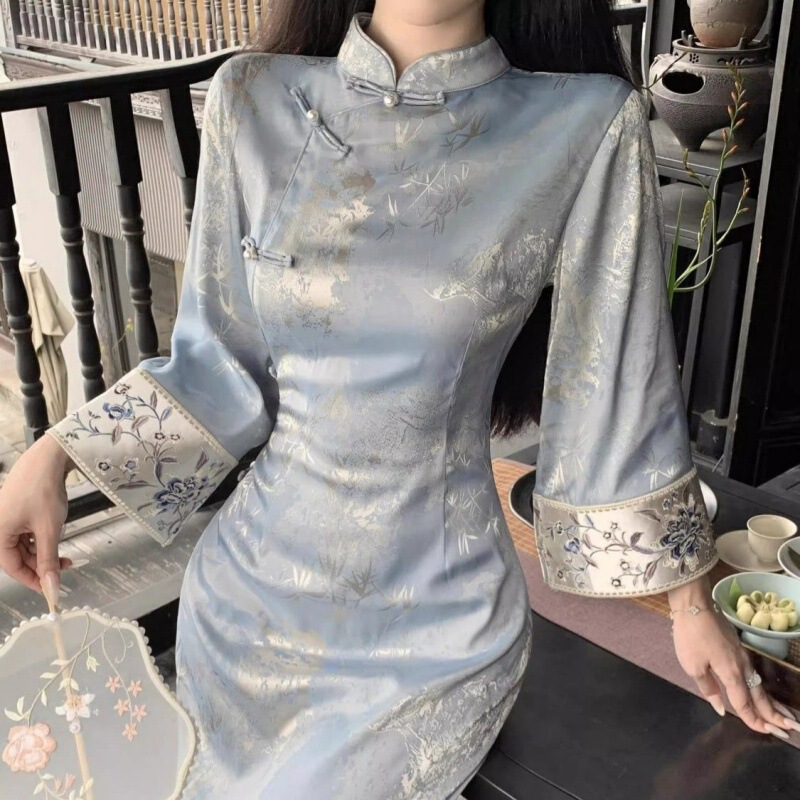 New Chinese-Style Blue Printed Slim-Fit Inverted Large-Sleeve Improved Gentle Cheongsam Autumn Retro Bamboo Leaf National Style Stand-Collar Dress