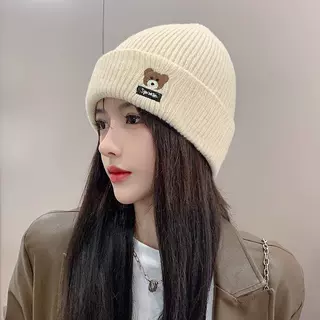小熊头帽网红小熊毛线帽女韩版时尚潮流保暖护耳帽可爱冬天针织帽