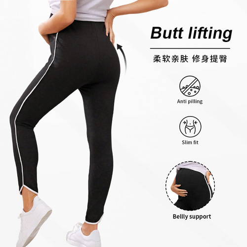 Cross-border color-block high-waisted maternity leggings, hip-lifting, stretchy belly-supporting yoga cropped maternity wear, maternity pants for pregnancy.