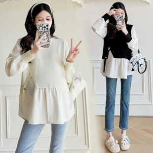 Pregnant Women's Top Spring and Autumn Trendy Mom New Korean Fashion Stitching Design Sense Split Fake Two-piece Shirt Doll Shirt