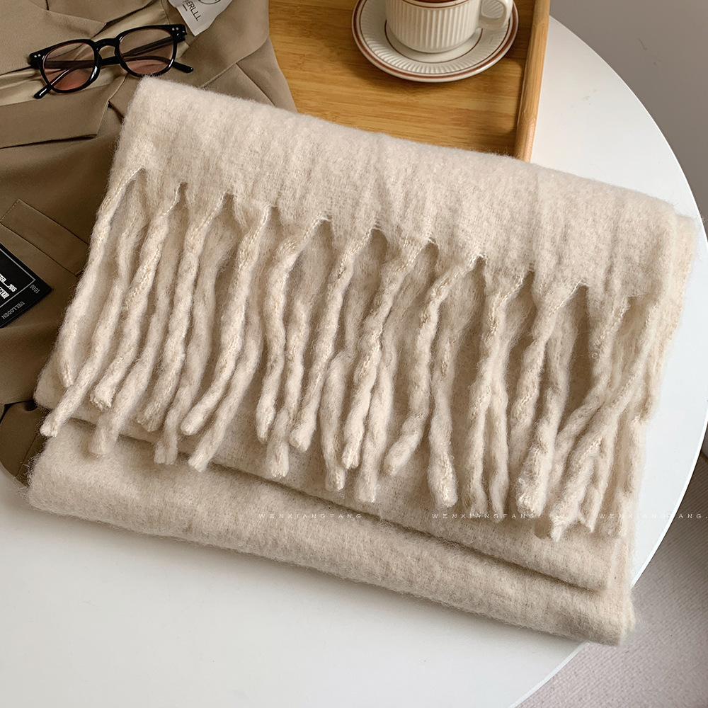 Solid colored mohair women in autumn winter 2024, new versatile scarf for Korean version, high-end and thickened warm_voghion.com