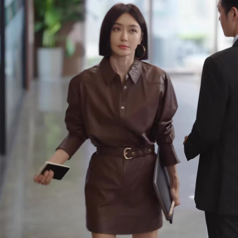 Shining her Qin Lan Guanwen same style clothes autumn slim fit dress mid-length lace-up PU leather dress female khaki camel