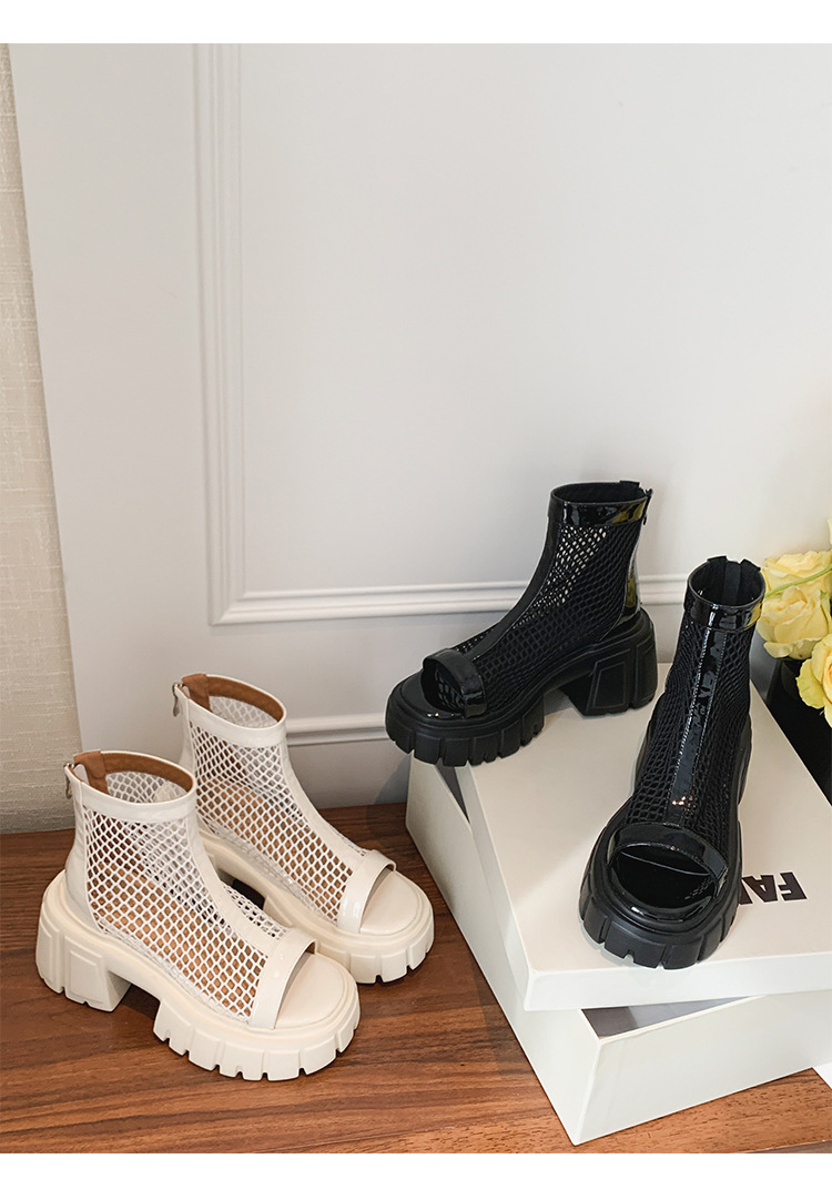 Giày sandal cao gót nữ mũi cá hở ngón, cổ cao lưới mỏng, gót vuông dày 9 cm, khóa kéo sau, đế xuồng thoáng khí — đen, trắng chi tiết 24