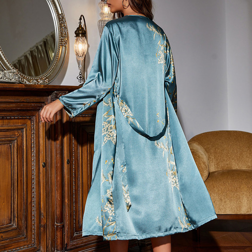 Simple Lady Four Seasons Home Wear Belted Robe and Pajama Set Thin Outerwear Medium Long Pajama Set