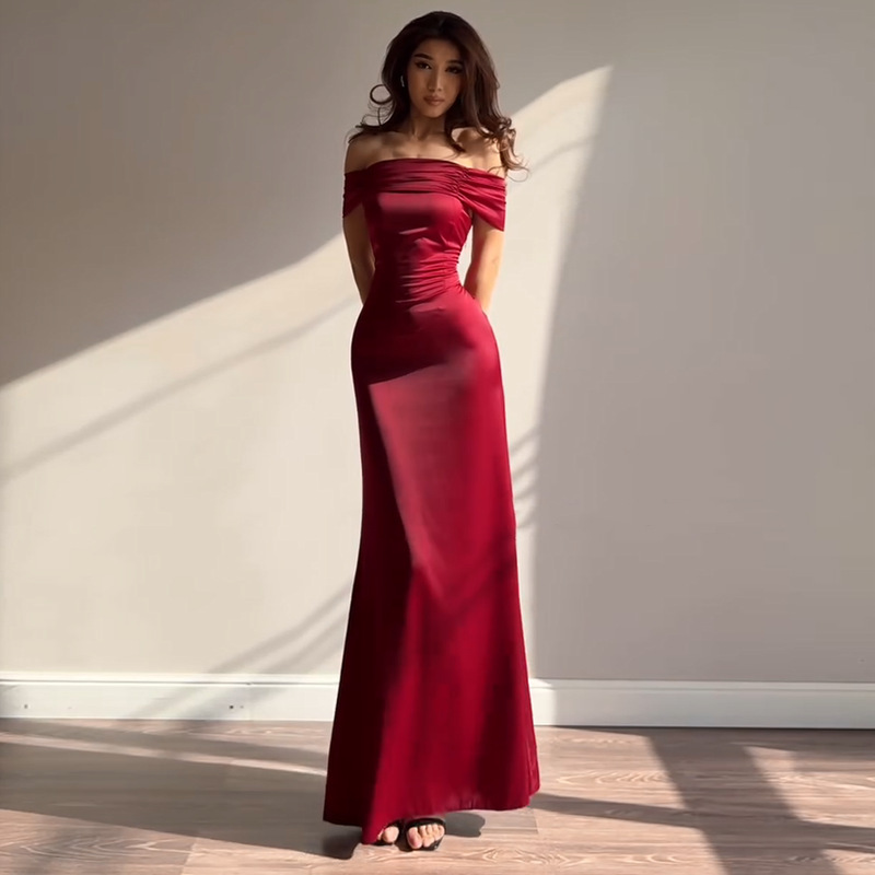 Ilya One-Shoulder Satin Waist-Tie Dress, Autumn Elegant and Sexy Evening Gown Long Dress Jy25400