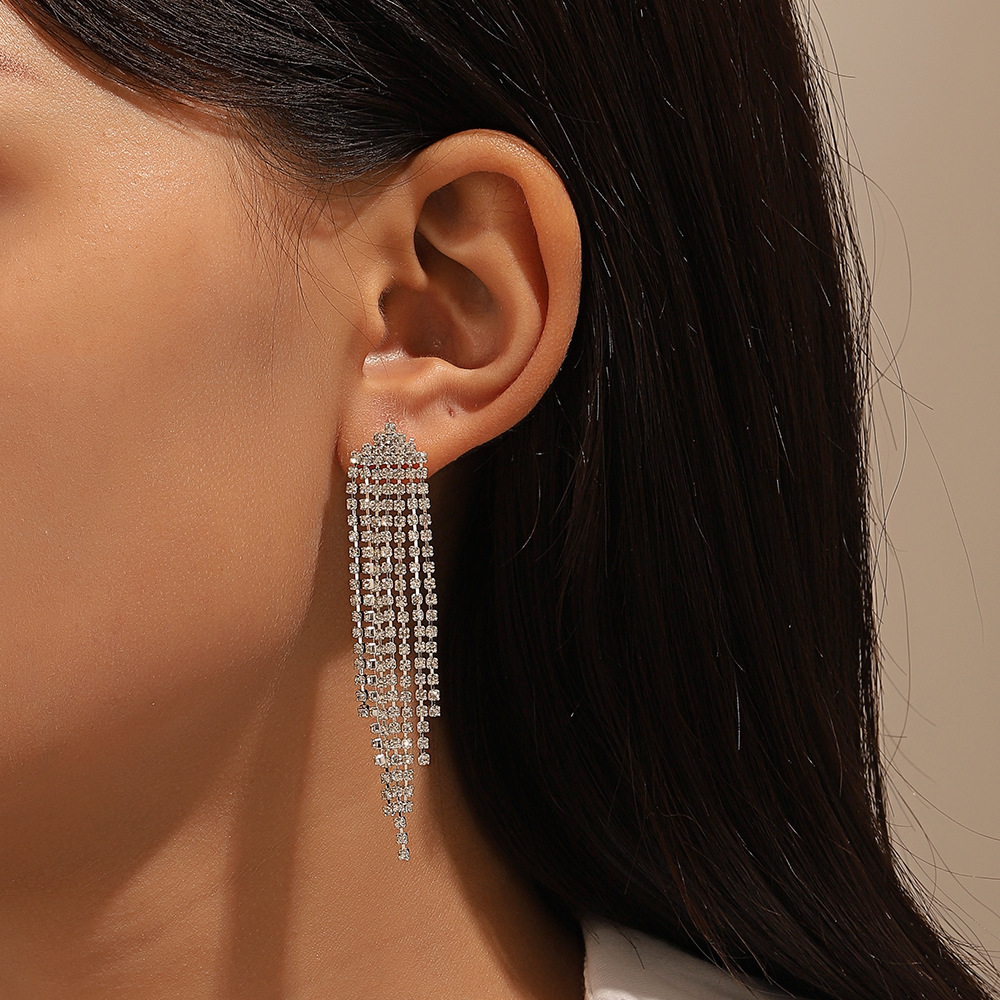Exaggerated Tassel Rhinestone Drop Earrings For Women Elegant Style_voghion.com