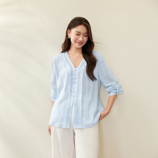 【Design-Inspired Shell Button Versatile Pure Cotton Comfortable V-Neck Shirt】Slimming Plus Size Women's Clothing for Plus-Size Women Summer New Style