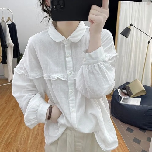 Cotton Lantern Sleeve Women's Spring and Autumn Lotus Edge Long Sleeve Youthful Yuanbao Collar Top Retro Base Button Blouse