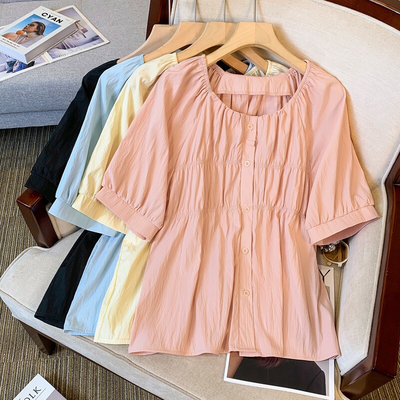 Short-Sleeved Shirt for Summer, Round Neck, Regular Shoulder, Puff Sleeves, Plus-Size, Tummy-Covering Top, Available in Apricot, Black, Pink, Blue, and Off-Shoulder Styles Short-Sleeved Shirt for Summer, Round Neck, Regular Shoulder, Puff Sleeves, Plus-Size, Tummy-Covering Top, Available in Apricot, Black, Pink, Blue, and Off-Shoulder Styles