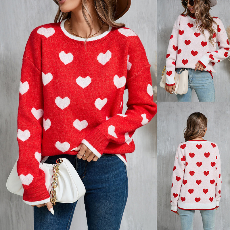 2026 Winter New Foreign Trade Heart-Shaped Sweater Holiday Style Cross-Border Amazon Color-Blocking Long-Sleeve Plus-Size Knitted Sweater