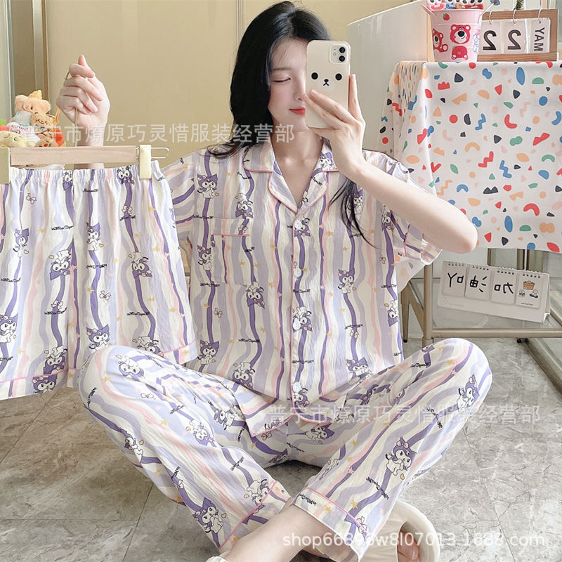 Pequeño pijama de corazón de melocotón para mujeres tres piezas de verano nubes de algodón se puede usar pantalones de manga corta para estudiantes de dibujos animados ropa para el hogar