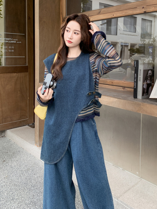 巨好看不规则牛仔马甲套装女秋季2025新款盐系针织衫阔腿裤三件套|undefined