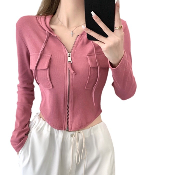 2023 Otoño e Invierno nueva chica caliente bolsillo con capucha Delgado cremallera cardigan suéter estudiante corto Top moda femenina
