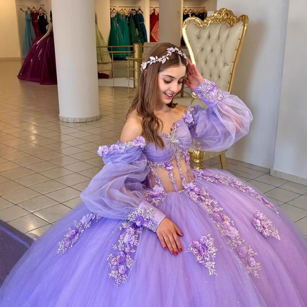 Flores vestido de adulto con mangas brillante con cuentas vestido dulce 2026 nuevo vestido de baile de hombro para mujeres image 2