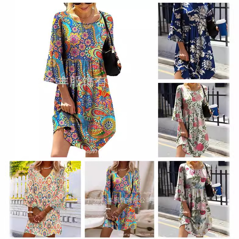 Platform Spring and Summer Hot Sale New Amazon Cross-border European and American Women's Sexy Printed Large Waist Loose Dress