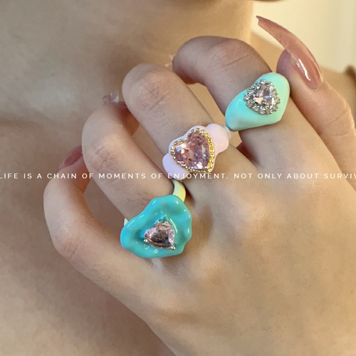 Small-town design metal enamel drip oil stackable ring for girls, Y2K sweet girl high-end macaron open ring