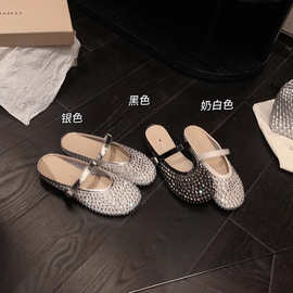 【葡萄妈同款】流光网纱~水钻网面透气扣带包头度假拖鞋女半拖夏